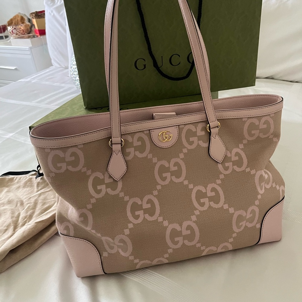 Jumbo GG Textured Dollar Calfskin Medium Ophidia Shopping Tote Beige Pink